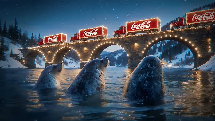 Three seals in water near a lit bridge with Coca-Cola holiday trucks, highlighting Coca-Cola’s holiday commercial and AI theme.