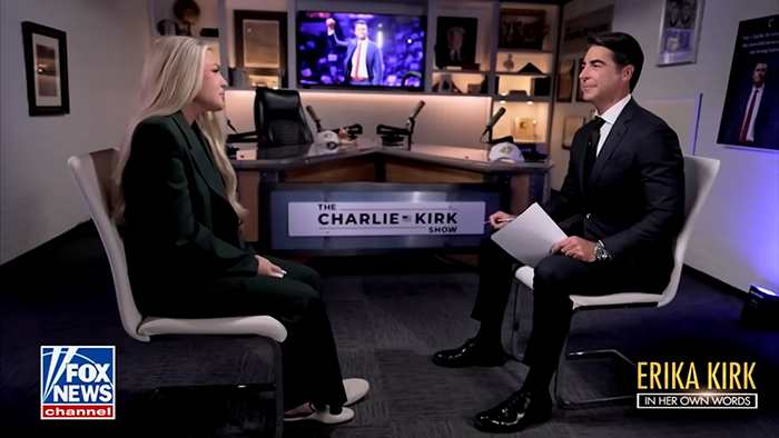 Erika Kirk in a Fox News interview discussing theories about the real culprit still being free.