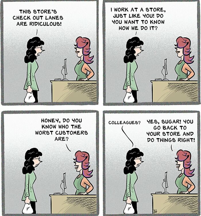 Comic panels showing a humorous conversation about the chaos of working in retail and difficult customers at checkout lanes.