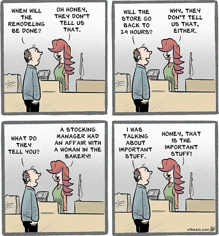 Comic strip showing a humorous conversation about the chaos of working in retail during store remodeling.