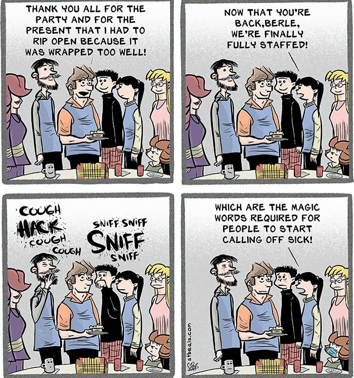 Comic strip showing retail workers celebrating full staffing but then catching colds, highlighting chaos of working in retail.