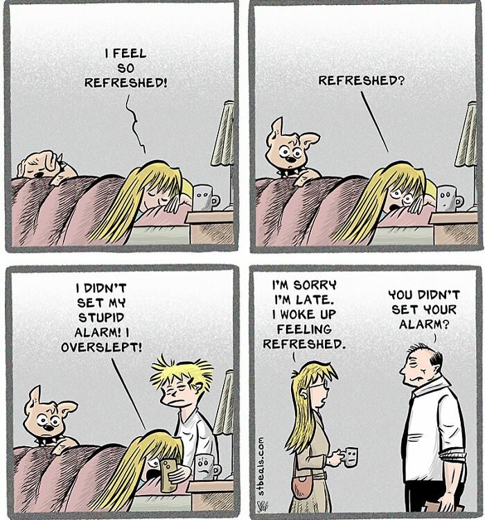 Comic strip showing relatable chaos of working in retail with oversleeping and alarm mishaps humor.