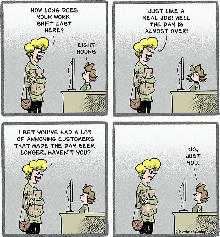 Customer asks retail worker about shift length and annoying customers in a comic illustrating chaos of working in retail.