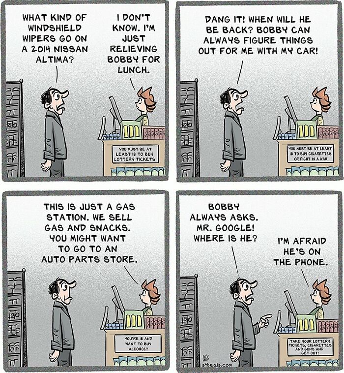 Comic strip showing relatable chaos of working in retail at a gas station with funny customer interactions and employee responses.