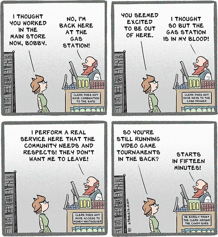 Comic strips depicting the relatable chaos and humor of working in retail at a gas station store.