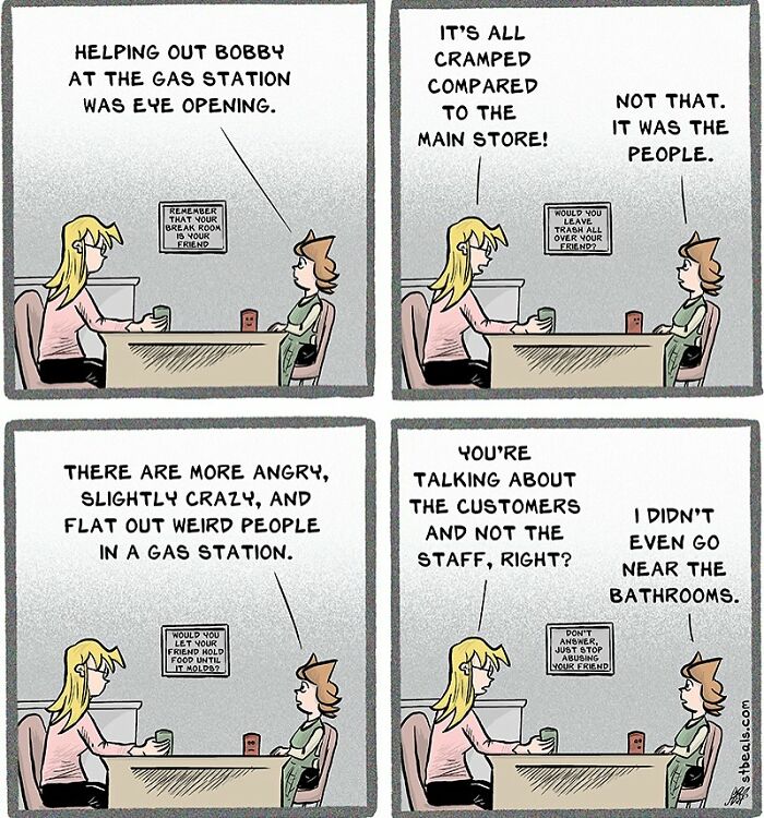 Comic strip showing two women discussing the chaos of working in retail and dealing with difficult customers.