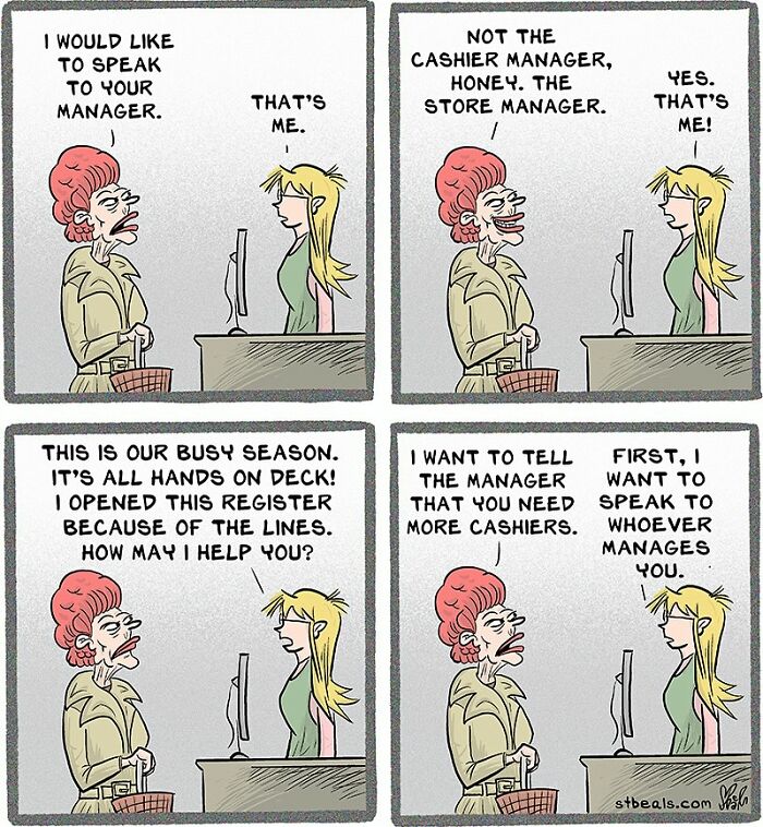 Comic strip showing a humorous clash between a retail worker and a demanding customer about speaking to the store manager.