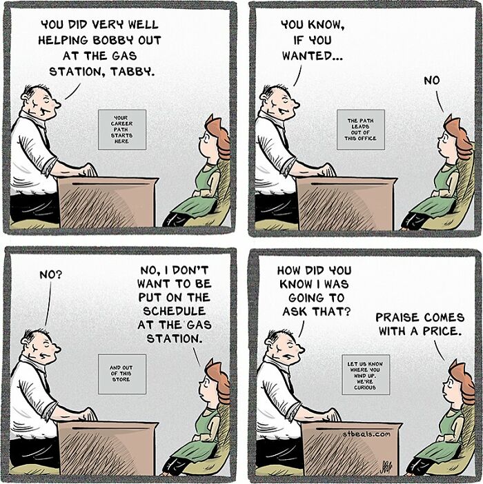 Comic showing a humorous conversation about career paths and work related to the chaos of working in retail.