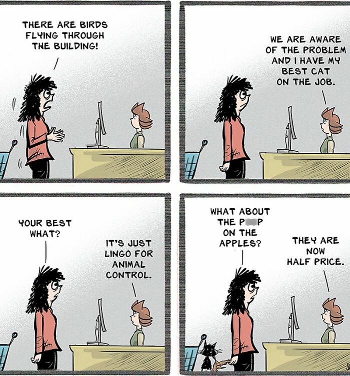 Retail worker talks to a customer about birds in the store and animal control cat in a funny comic scene.