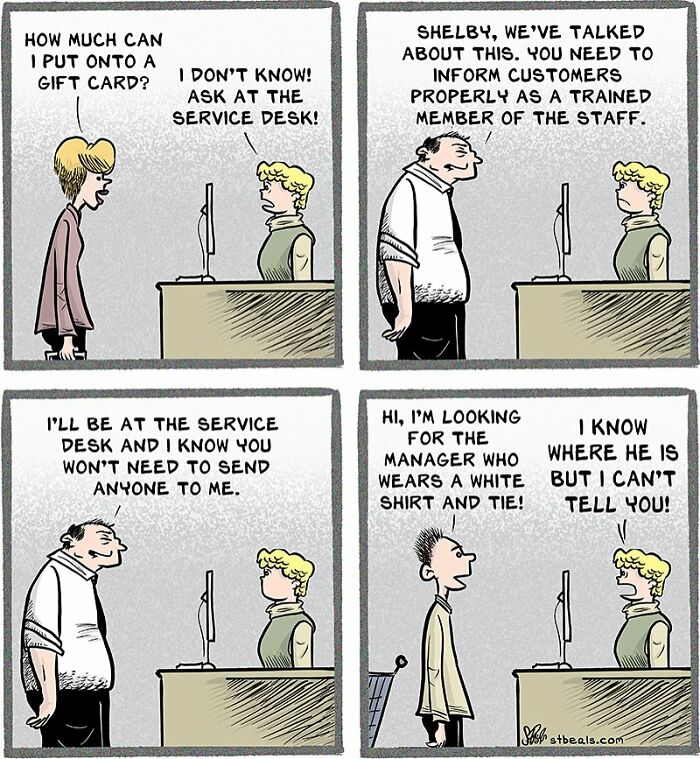 Comic showing retail chaos with confused staff and customers at the service desk in a humorous retail work setting.