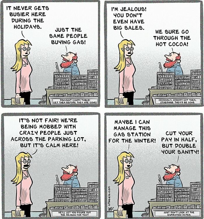 Comic showing relatable retail chaos with gas station workers discussing holiday sales and customer craziness.