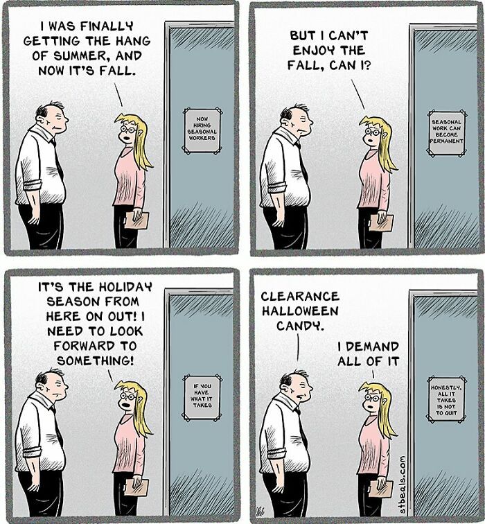 Two retail workers discussing seasonal work and holiday chaos in relatable retail comic panels.