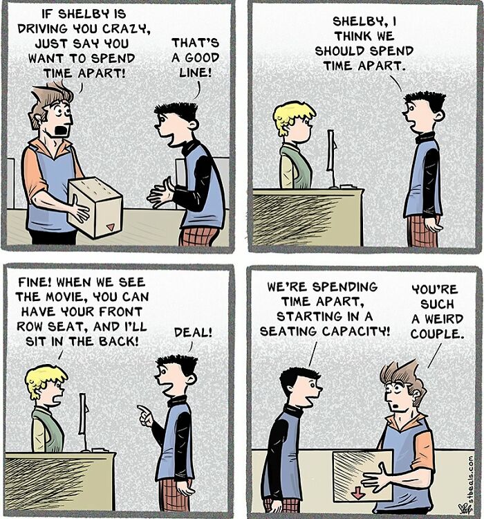 Comic panels showing relatable chaos of working in retail with characters discussing spending time apart in a funny way.