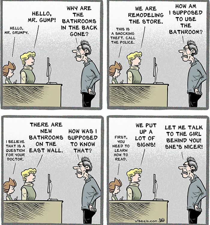 Comic strip showing a retail worker humorously dealing with a confused customer about missing bathrooms during store remodeling.