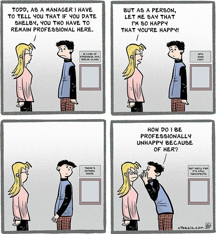 Comic panels showing relatable chaos of working in retail with a humorous conversation between a manager and employee.