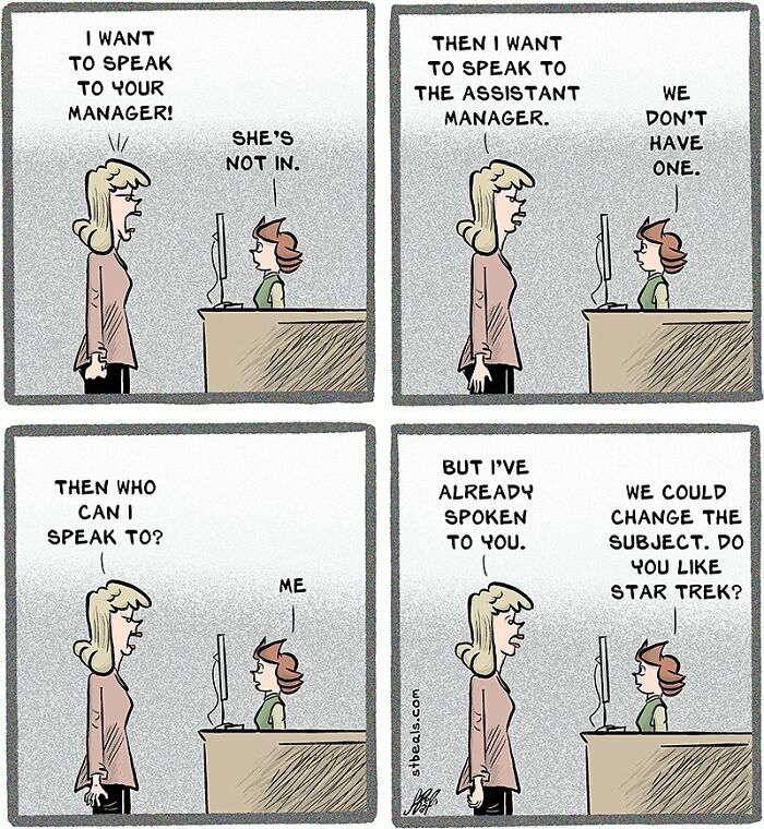 Comic strip depicting the chaos of working in retail with a customer demanding to speak to a manager and assistant manager.