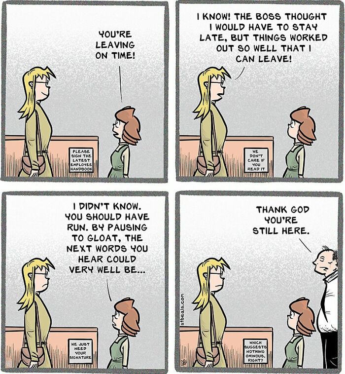 Comic strip showing the relatable chaos of working in retail when employees try to leave on time but face unexpected delays.