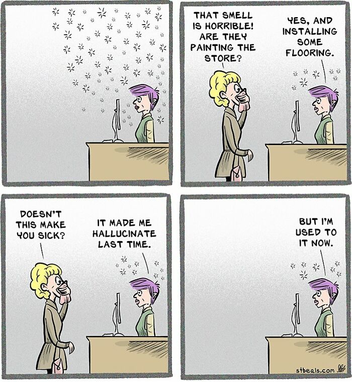 Comic strip showing retail workers humorously discussing the horrible smell and chaos of working in retail.