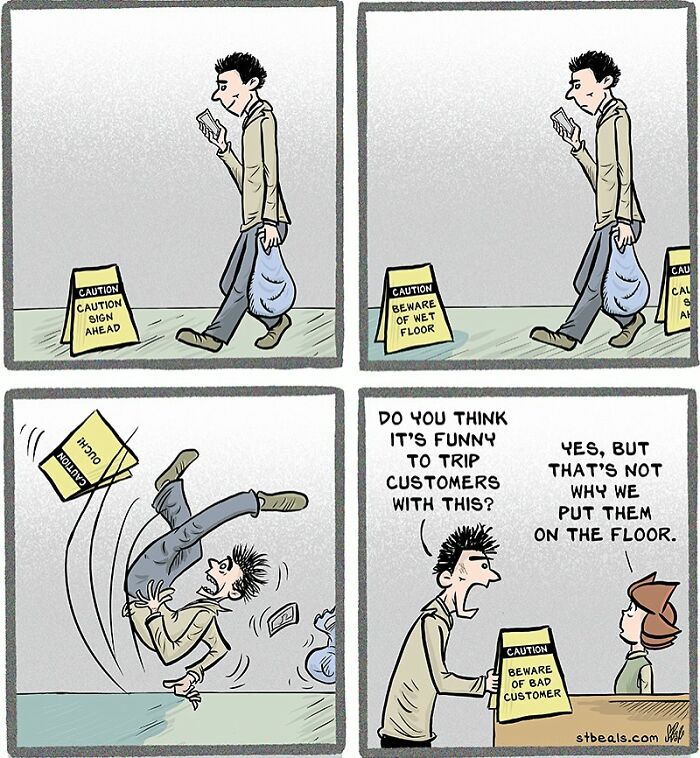 Comic showing the chaos of working in retail with humorous signs and a customer tripping over caution warnings.