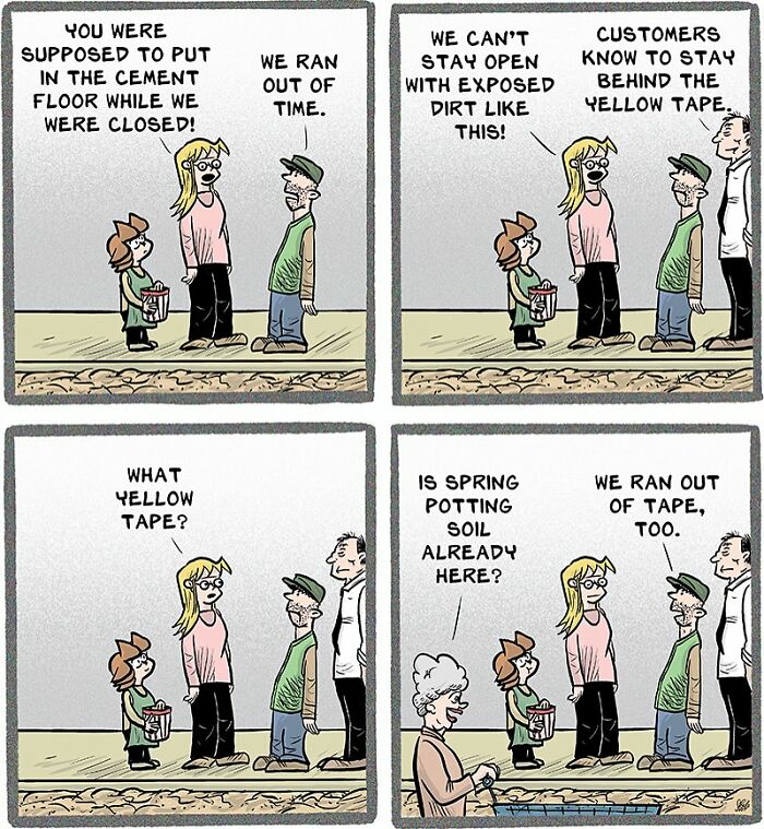 Comic strip showing retail workers humorously struggling with unfinished store repairs and customer expectations in a retail work setting.