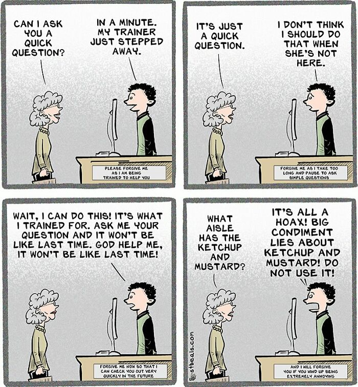 Comic strip showing the chaos of working in retail with an employee nervously handling customer questions.