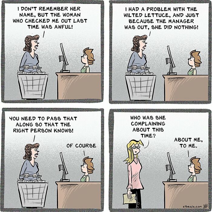 Comic panels showing a retail worker dealing with a difficult customer complaint about wilted lettuce and management.