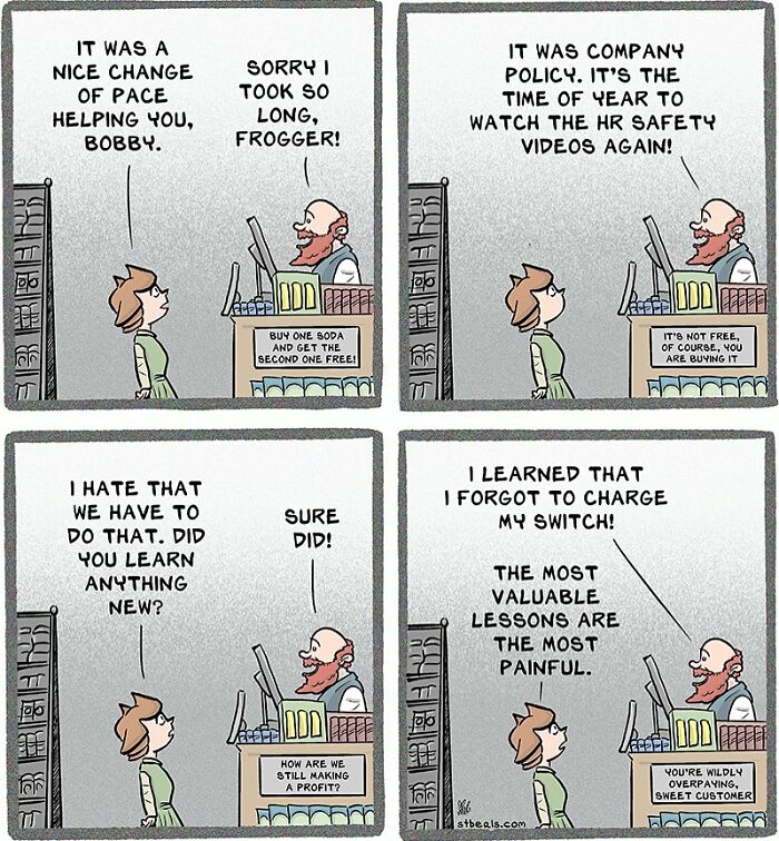 Comic strip showing relatable retail chaos with employees discussing company policies, safety videos, and work challenges.