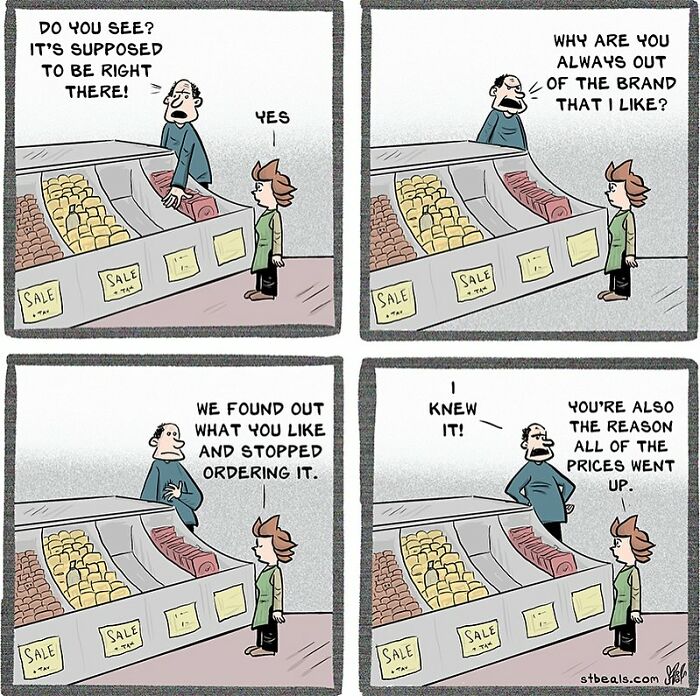 Comic strip showing a frustrated retail worker and customer discussing product availability and price changes in a store setting.