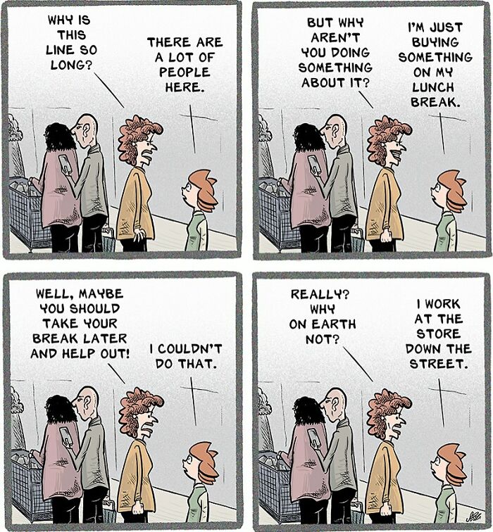 Comic strip showing a relatable conversation about the chaos of working in retail during a lunch break.