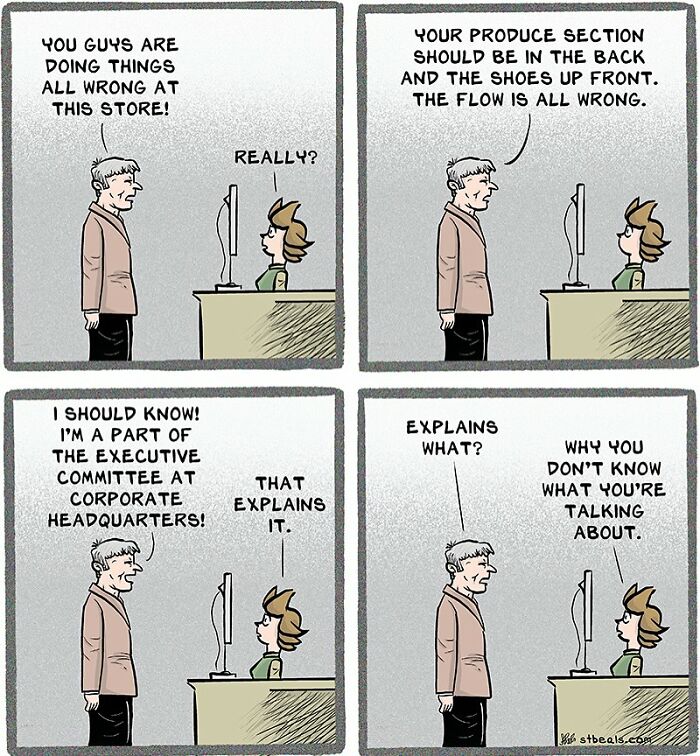 Comic strip showing a retail worker and customer humorously discussing chaos and confusion in store management.