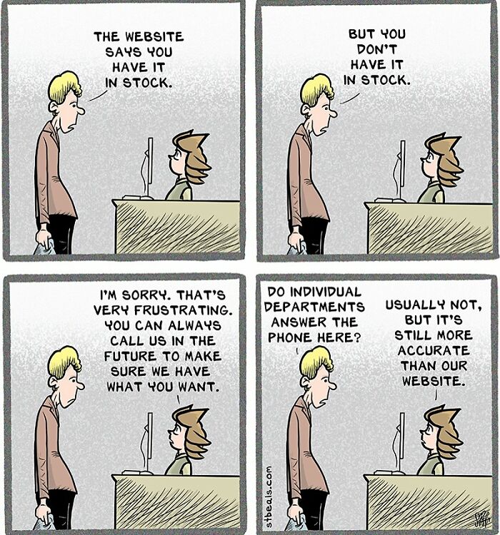 Retail worker behind counter dealing with customer confusion about inaccurate in-stock info in this relatable retail comic.