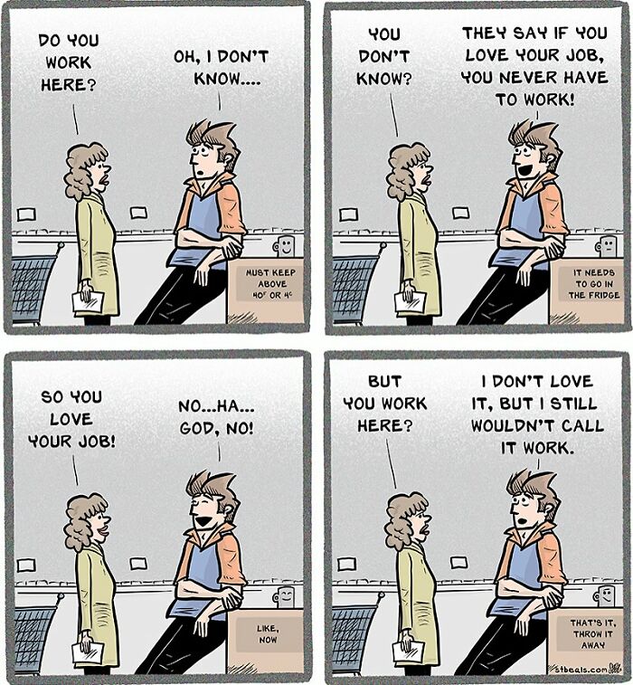 Comic panels showing a humorous conversation about love and chaos of working in retail between a customer and a retail worker.