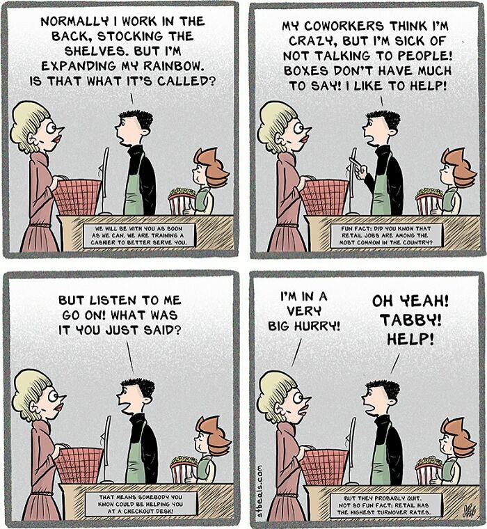 Comic panels showing humorous and relatable chaos of working in retail with a stressed cashier and customer interaction.