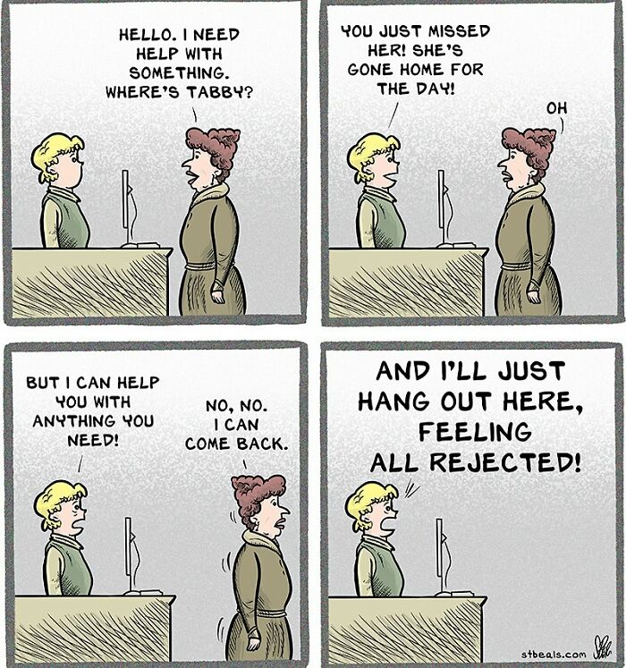 Retail work comic showing customer asking for help and feeling rejected when employee is unavailable.