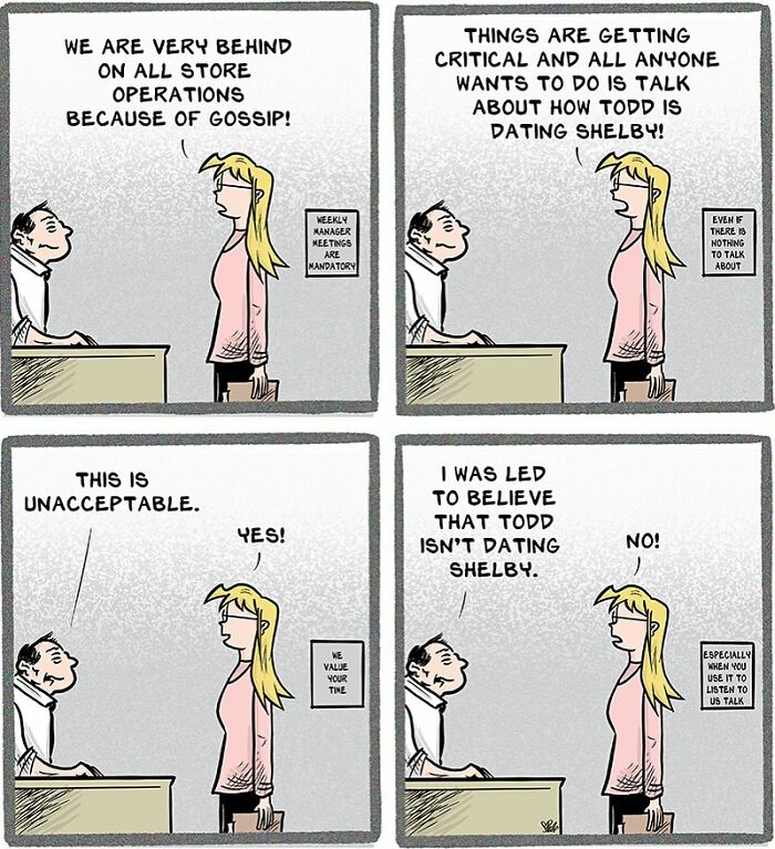 Comic strip showing a retail manager and employee discussing gossip causing chaos and delays in store operations.