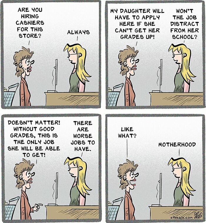 Comic strip showing a humorous retail worker and customer interaction about hiring cashiers and job challenges in retail.