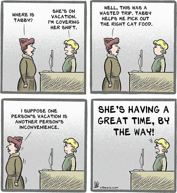 Comic strip showing two retail workers discussing covering a shift and the chaos of working in retail jobs.