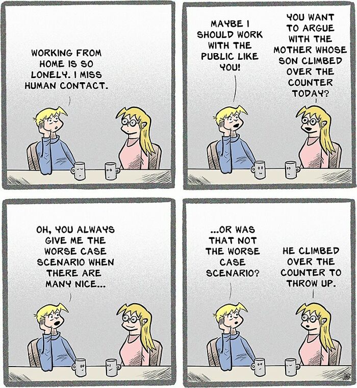 Two coworkers humorously discuss the chaos of working in retail and difficult customer encounters at a break table.