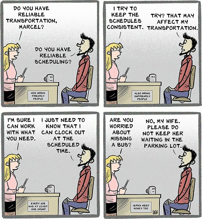 Comic strip showing the chaos of working in retail with humorous job interview and scheduling struggles.