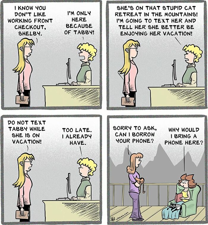 Four-panel comic illustrating the chaos of working in retail through humorous employee conversations and situations.