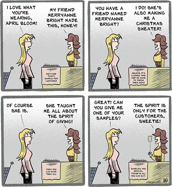Comic strip showing humorous retail chaos with a customer asking for samples and a worker explaining store rules.
