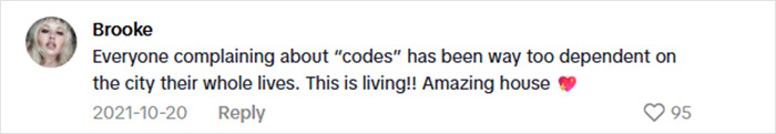 Social media comment from woman praising her $15K cabin in the woods amid safety concerns debate. Social media comment from woman praising her $15K cabin in the woods amid safety concerns debate.