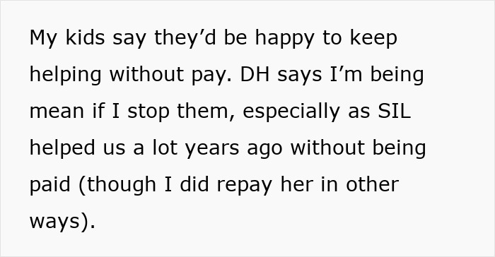 Screenshot of text discussing pregnant SIL paying nieces to help out and mom stopping visits after payments end.