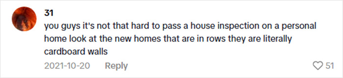 Comment discussing house inspections and comparing new homes with cardboard walls in a debate over dangerous cabin safety concerns.
