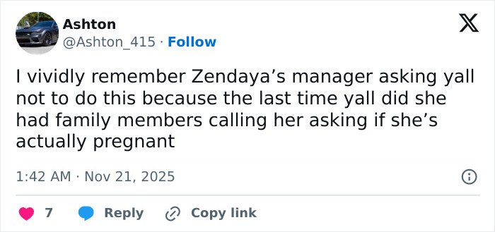 Tweet discussing Zendaya’s manager requesting fans not to speculate about pregnancy after leaked video with Tom Holland.