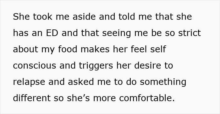 Text explaining how a strict diet triggers an eating disorder and a request to change eating habits for comfort. Text explaining how a strict diet triggers an eating disorder and a request to change eating habits for comfort.