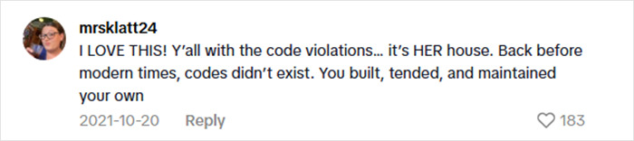 User mrsklatt24 commenting in support of a $15K cabin in the woods amid safety concerns and debate over code violations. User mrsklatt24 commenting in support of a $15K cabin in the woods amid safety concerns and debate over code violations.