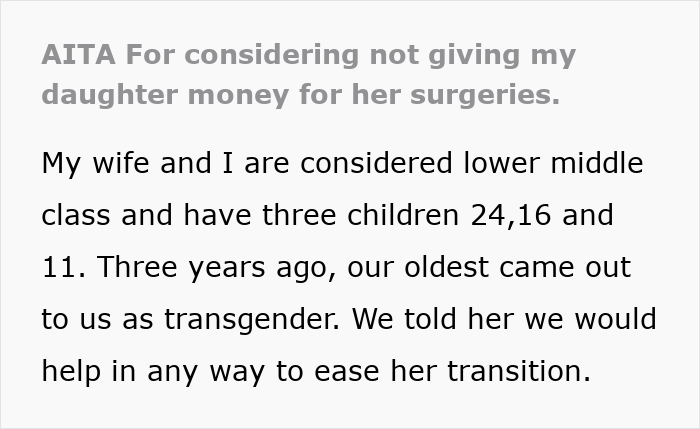 Text excerpt about parents considering daughter money for surgeries, discussing finances and support for transgender transition. Text excerpt about parents considering daughter money for surgeries, discussing finances and support for transgender transition.