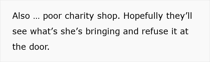 Text message discussing a charity shop refusing broken items as a gift from a lady trying to be green. Text message discussing a charity shop refusing broken items as a gift from a lady trying to be green.