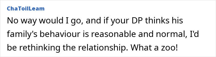Comment expressing concern about wild family behavior and relationship doubts during chaotic Christmas gatherings. Comment expressing concern about wild family behavior and relationship doubts during chaotic Christmas gatherings.
